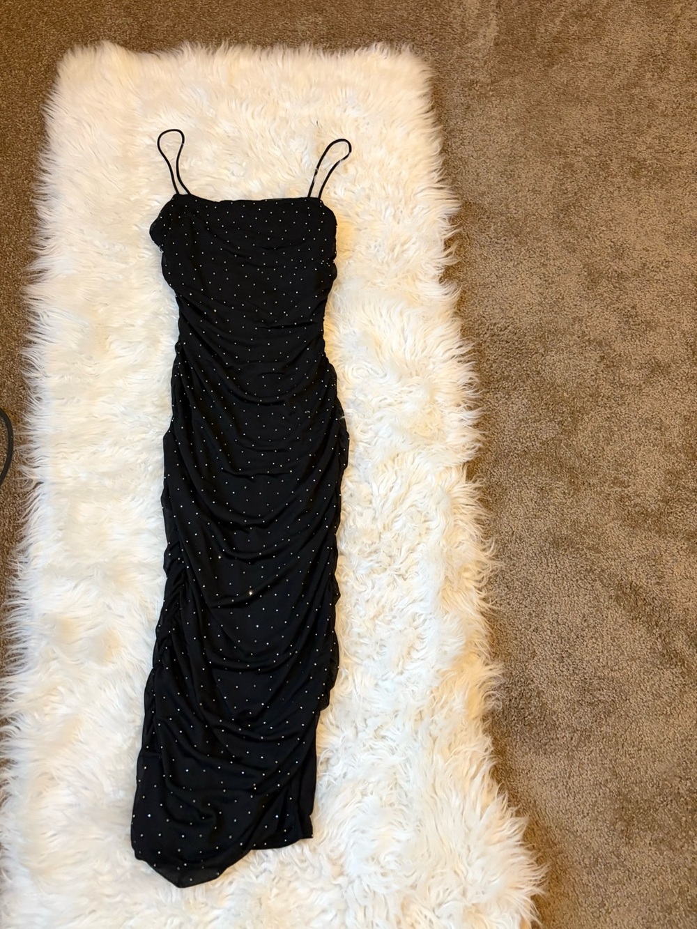 Black Rhinestone Ruched Midi Dress